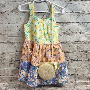 Charming Floral Kids Tiered Dress with Matching Straw Bag